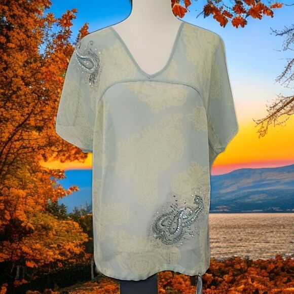 Y2K Paisley Silk Boxy Fit Blouse M Sheer Pastels Coquette Romantic Drawstring - Picture 1 of 16